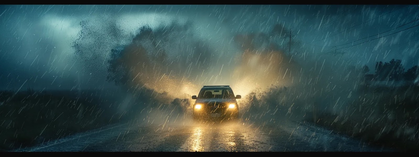 a car driving confidently through a turbulent storm, symbolizing the challenges faced by high-risk drivers in tulsa.