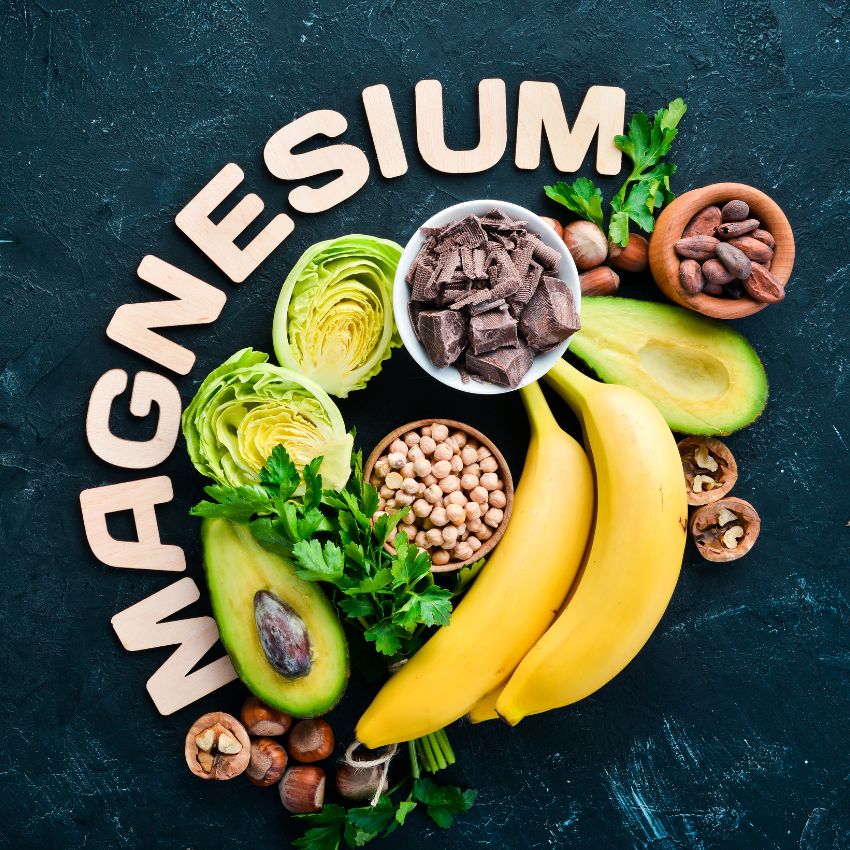 "Magnesium" displayed on a dark background, surrounded by illustrations of nutrient-rich foods like seeds and vegetables.