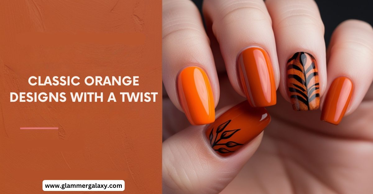 Classic orange nail paint with different design on every nail