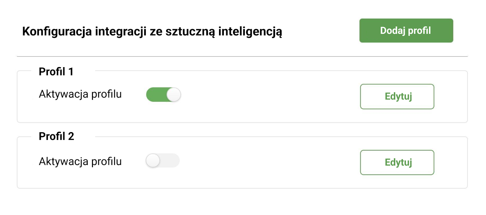 AI, AI Ringostat, różne profile do pracy z AI, konfigurowanie analityki językowej z utworzonymi profilami, Fragment strony ustawień analityki językowej