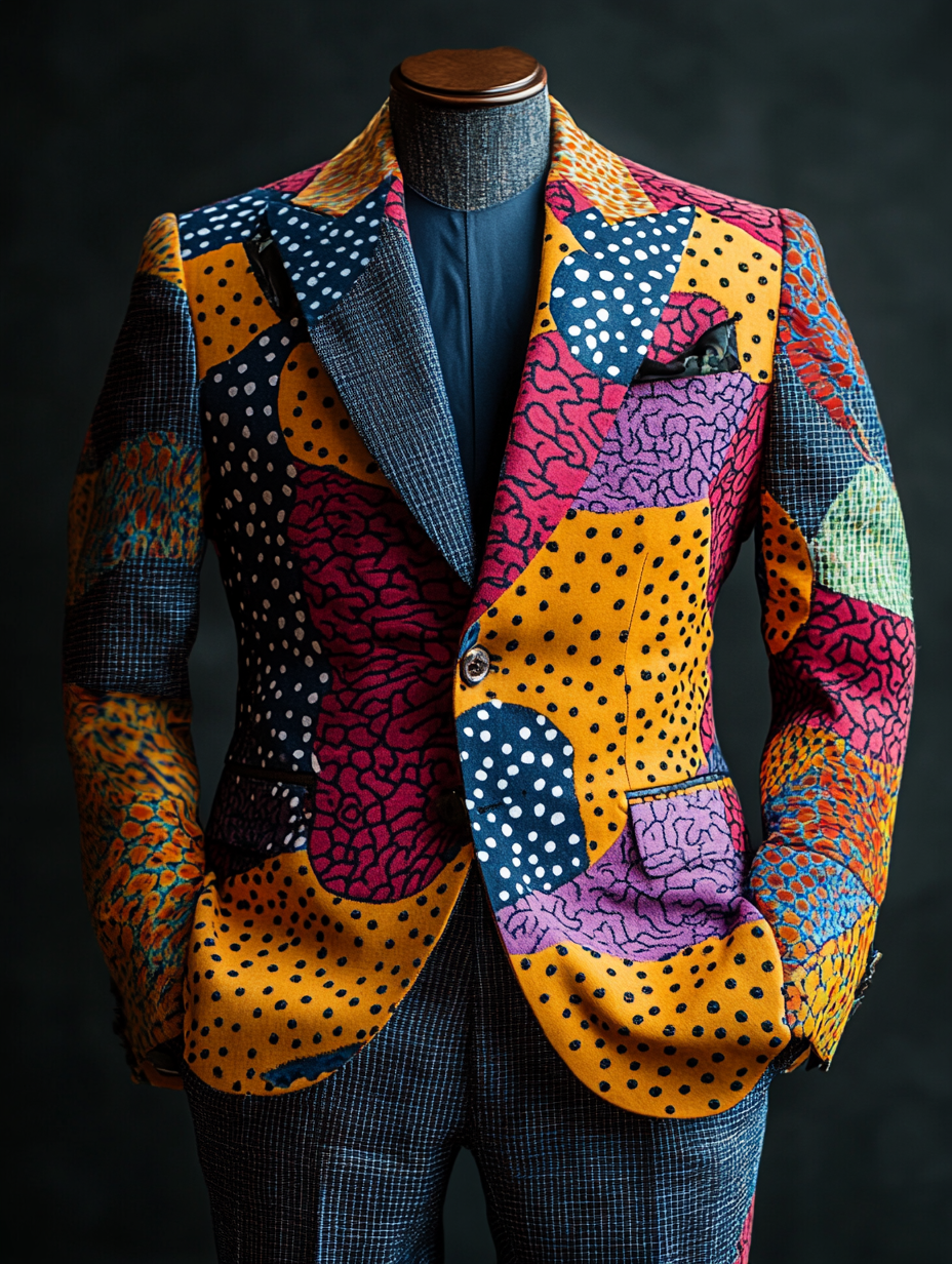 
A neatly folded suit with bold, eye-catching patterns, featuring geometric shapes, vibrant florals, or intricate abstract designs. The jacket is folded to display the striking pattern prominently on the lapels, with the trousers perfectly aligned to complement the look. The fabric bursts with vivid colors and sharp contrasts, reflecting playful, dynamic lighting. The suit rests on a clean, neutral surface to accentuate its adventurous and unconventional style