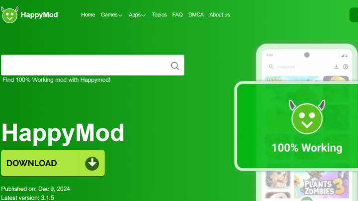 Website interface of HappyMod- A popular website for downloading mod apps