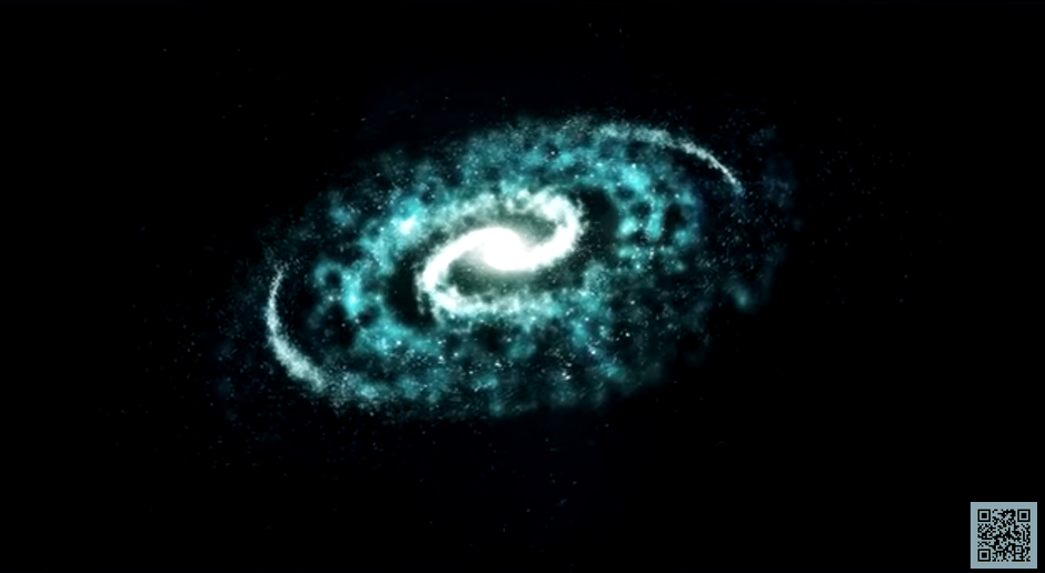 A black background displaying a revolving galaxy with white center and blue, green spiral arms. 