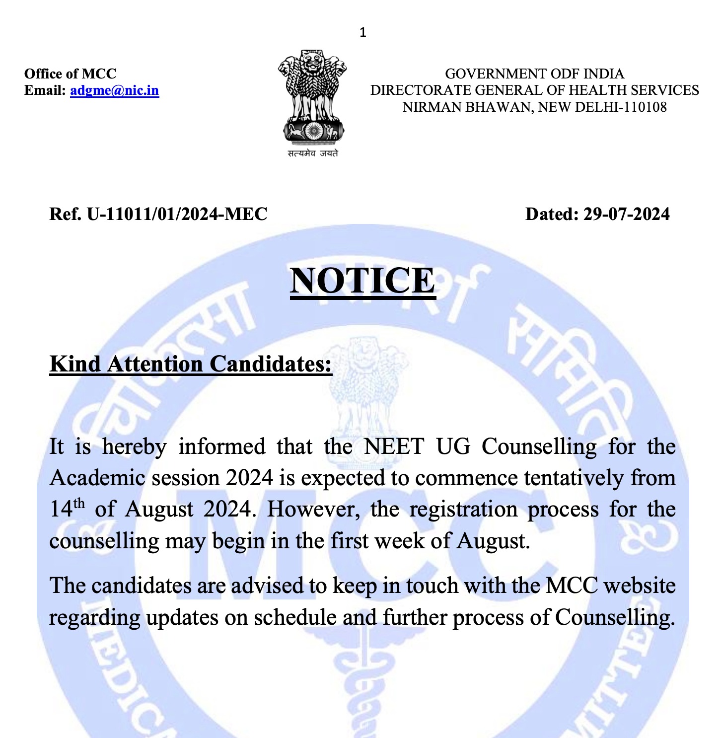 NEET UG Counselling LIVE: MCC NEET Counselling Registration starts on August 14 at mcc.nic.in