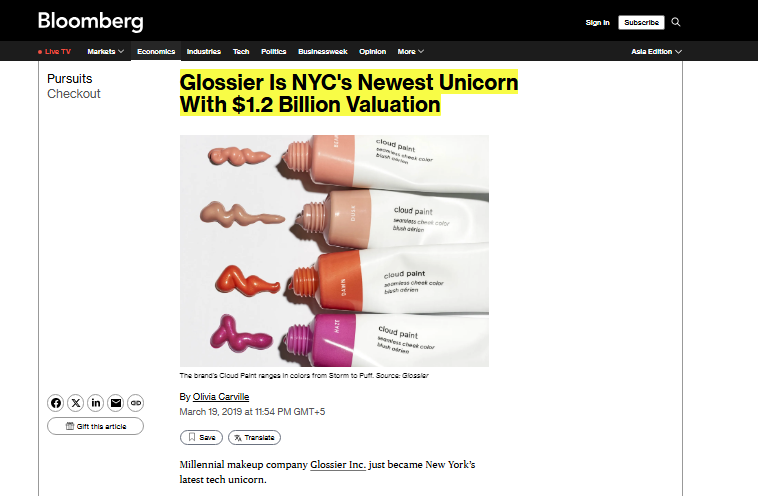 Bloomberg article about Glossier's $1.2B success story