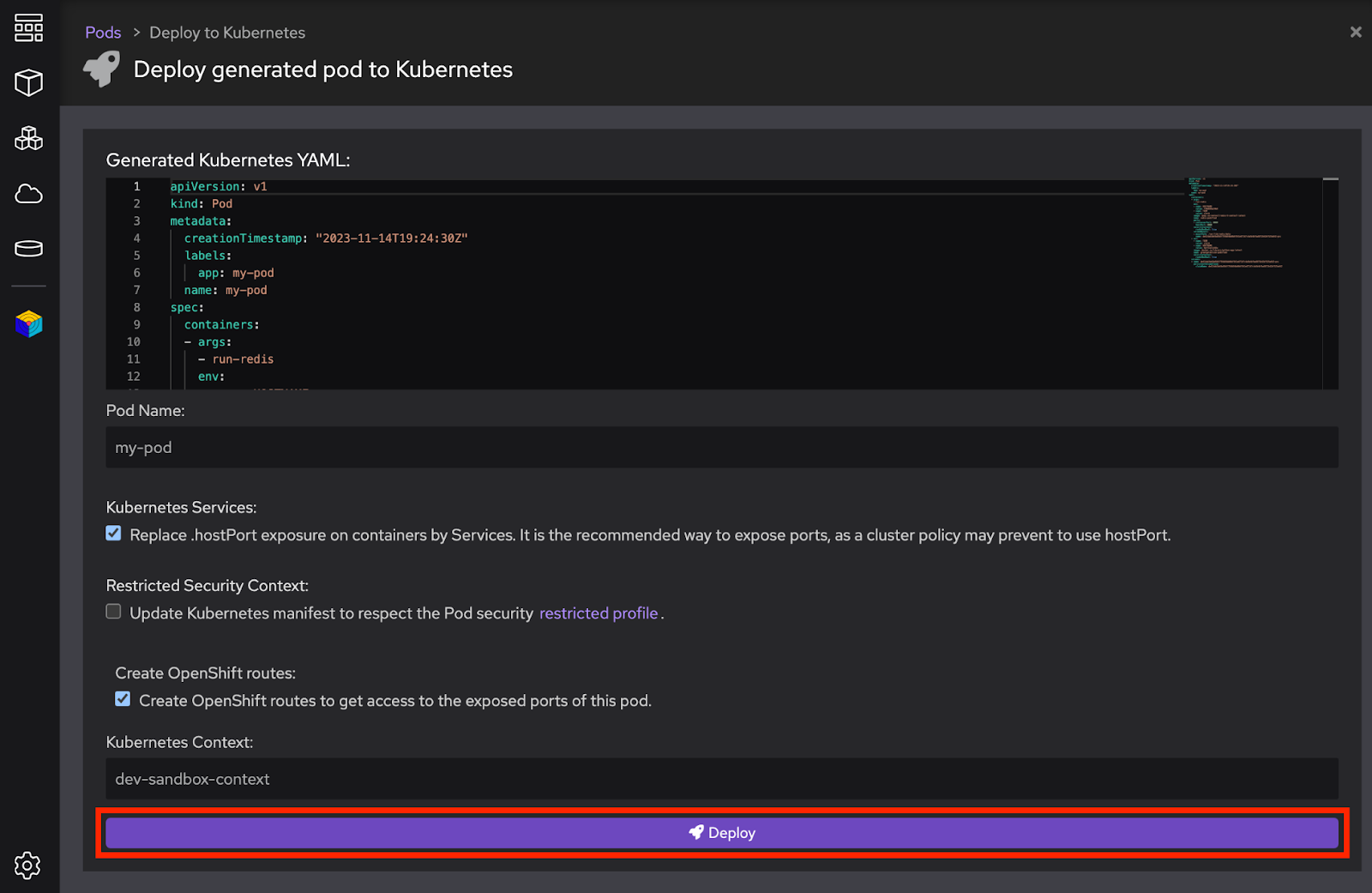 Podman Desktop section titled "Deploy generated pod to Kubernetes" is shown with pod ready to be deployed to developer sandbox.