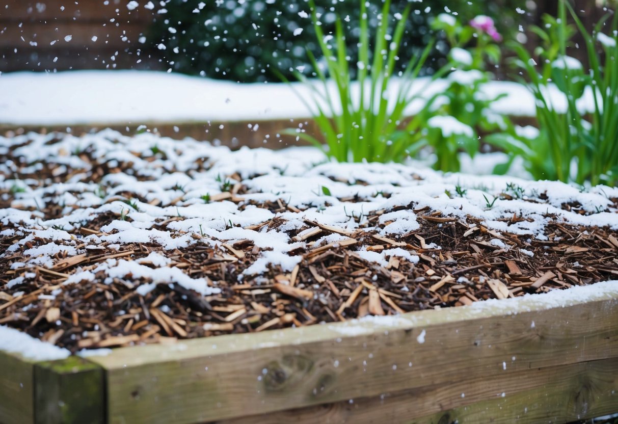 A garden bed covered in a thick layer of mulch, with snowflakes falling gently onto the ground. Nearby plants peek out from under the protective layer, waiting for spring