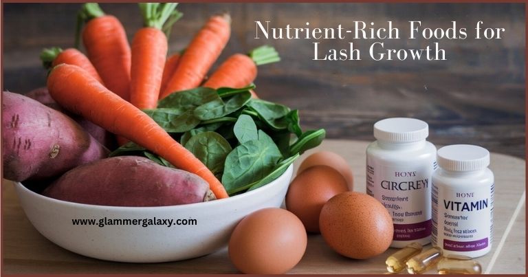 Carrots, sweet potatoes, spinach, eggs, and supplements labeled for lash growth.