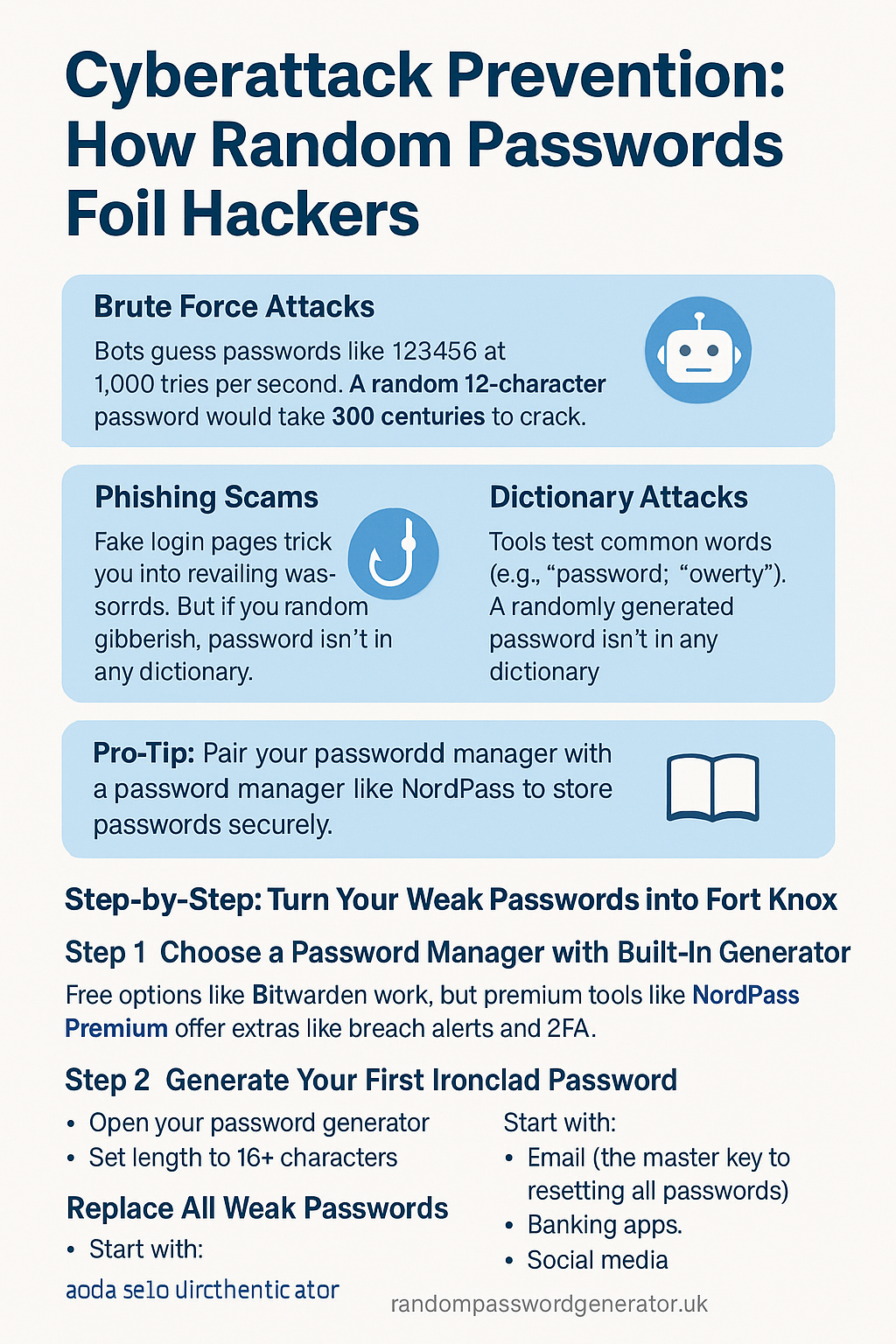 Blue and white infographic titled ‘Step-by-Step: Turn Your Weak Passwords into Fort Knox,’ showing four steps—choose a password manager, generate a strong 16+ character password, replace weak passwords, enable two-factor authentication—and a comparison table of free vs. premium password manager features, with ‘RAND PASS UK’ and randompasswordgenerator.uk branding at the bottom.