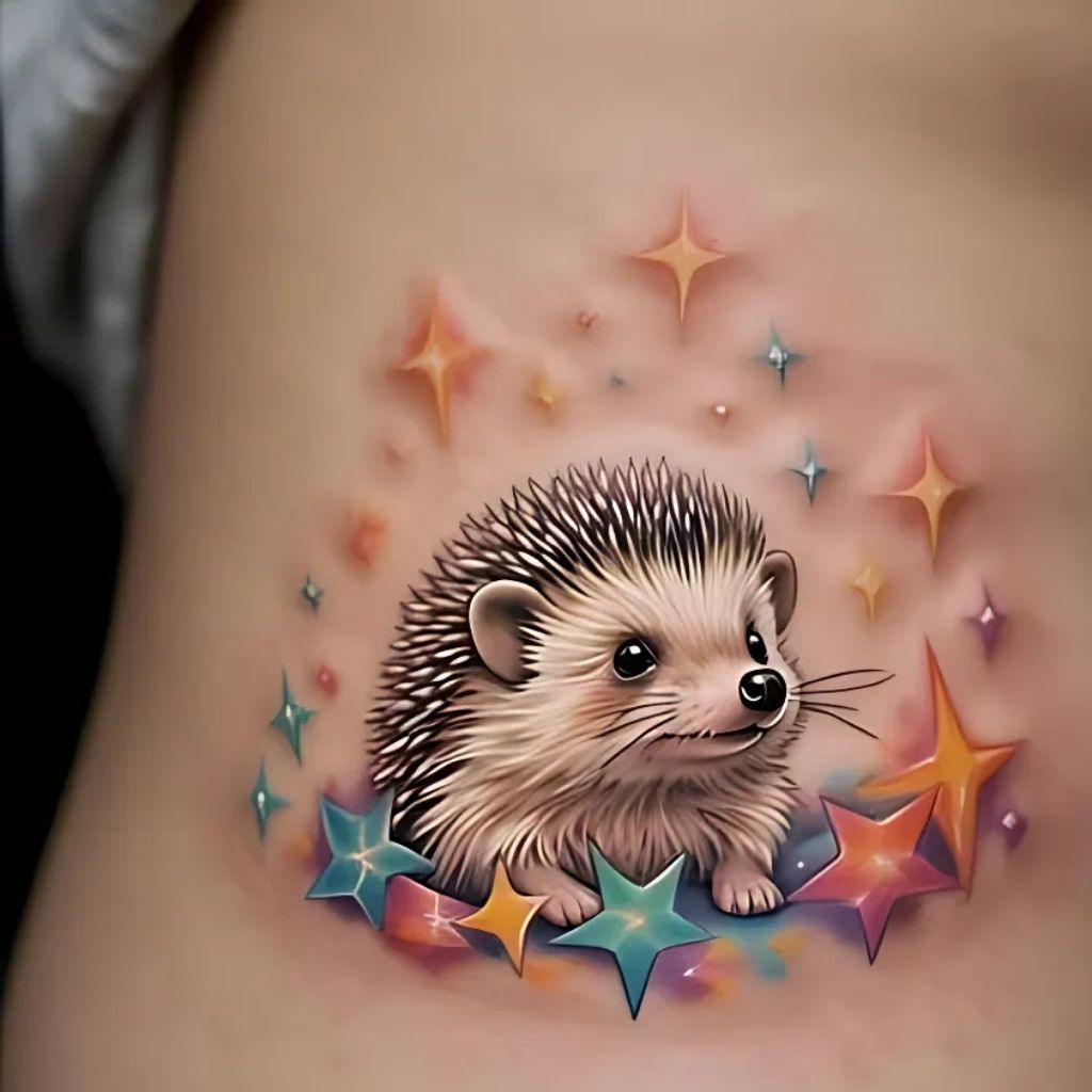 Hedgehog Surrounded by Stars Tattoo