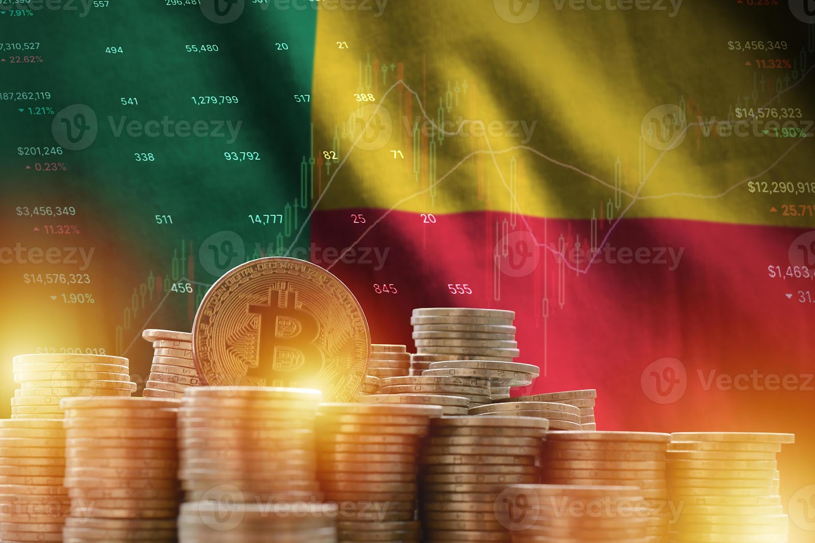 Bitcoin and a price chart against a Benin flag 