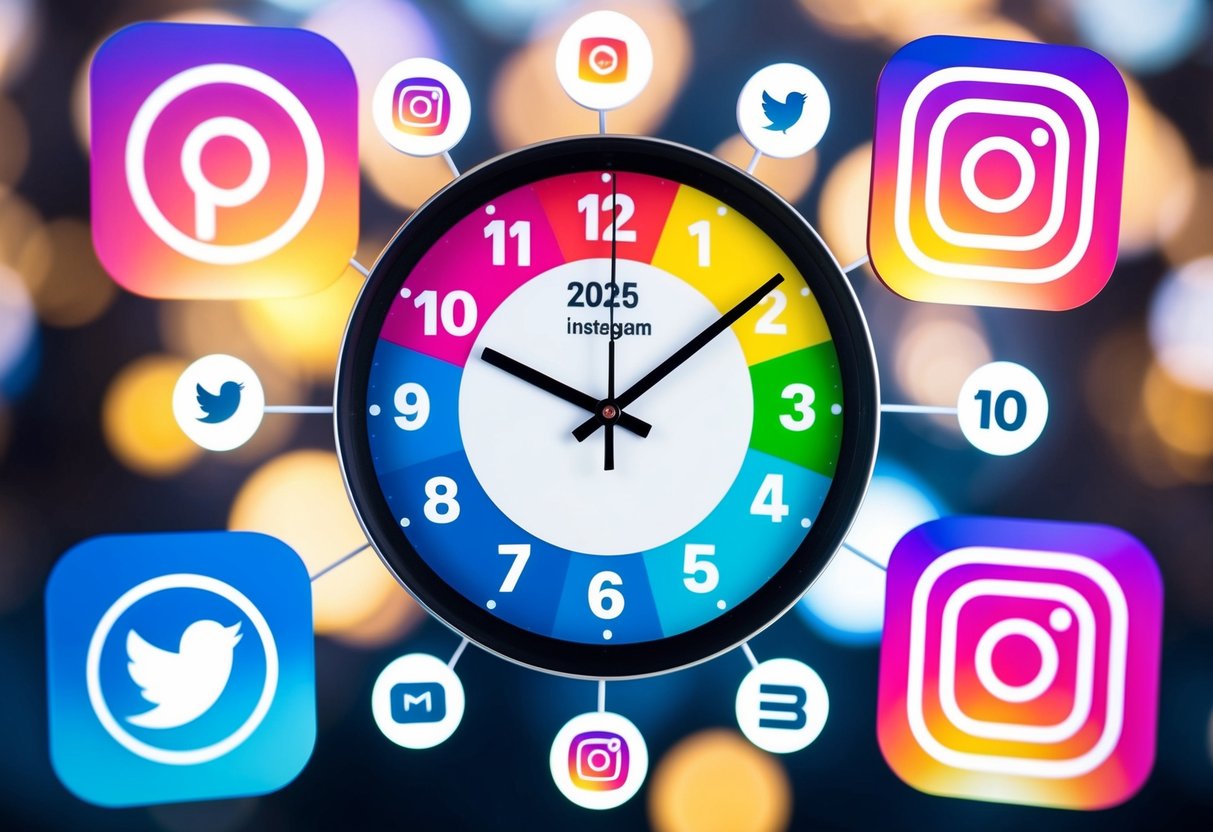 A colorful clock surrounded by social media icons and engagement metrics, with a spotlight on the time indicating the best time to post on Instagram in 2025