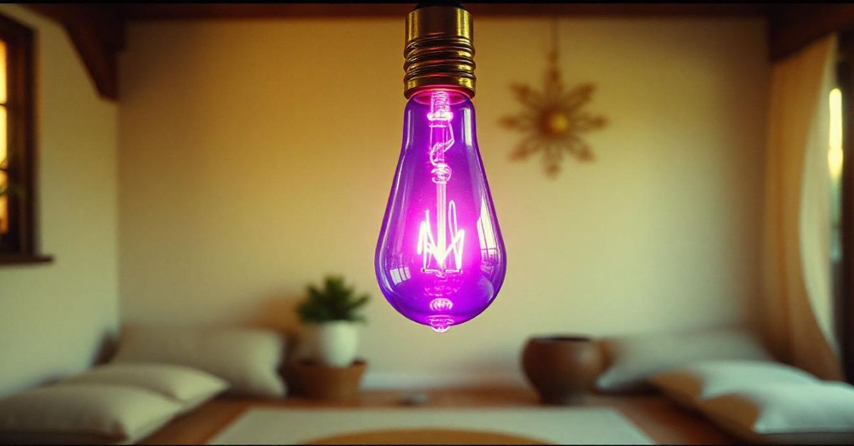 A purple light bulb hangs from the ceiling, symbolizing the spiritual meanings of different colored light bulbs flickering.