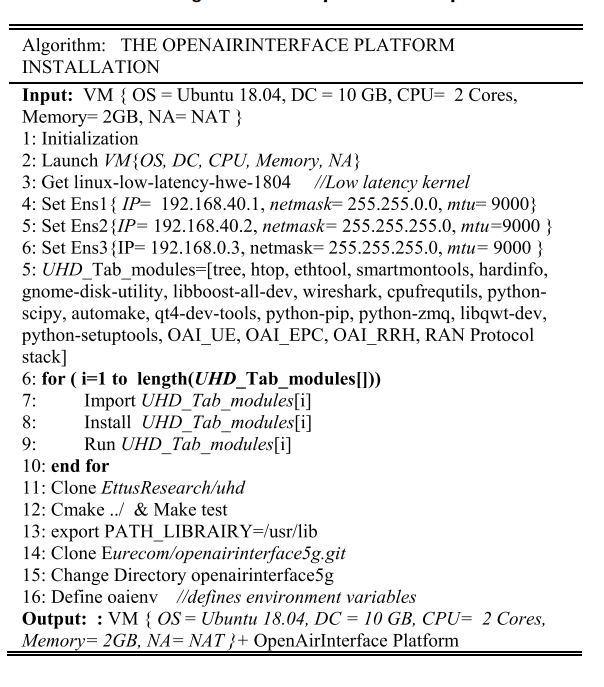 Installation algorithm of the OpenAirInterface platform.