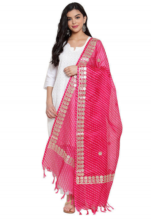 Gota Embroidered Cotton Doria Dupatta in Fuchsia