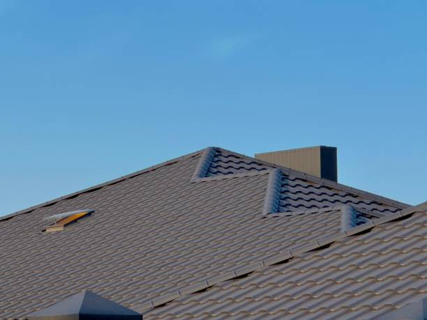 Gray tiled roof, modern design, sturdy structure, complements clear sky. -tile roof cost