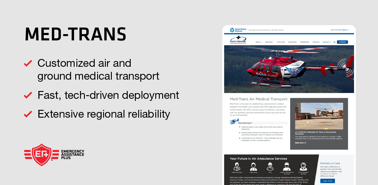 screenshot of Med Trans website with bulleted list of company highlights.