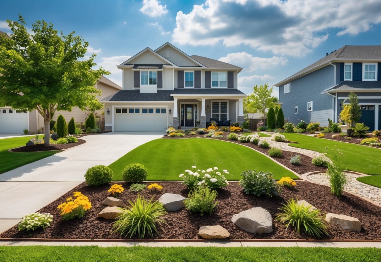 A front yard with various landscape designs: a lush lawn, flower beds, mulched pathways, rock gardens, and decorative ground cover plants