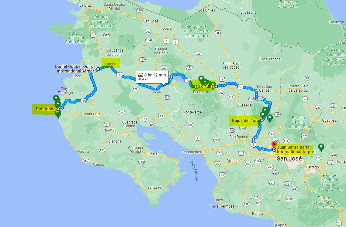 Costa rica itinerary map