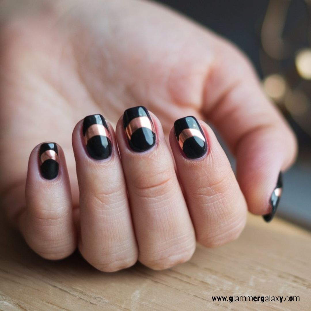 Black and Rose Gold Nail Designs having Short Black Nails with Rose Gold Half-Moon Design
