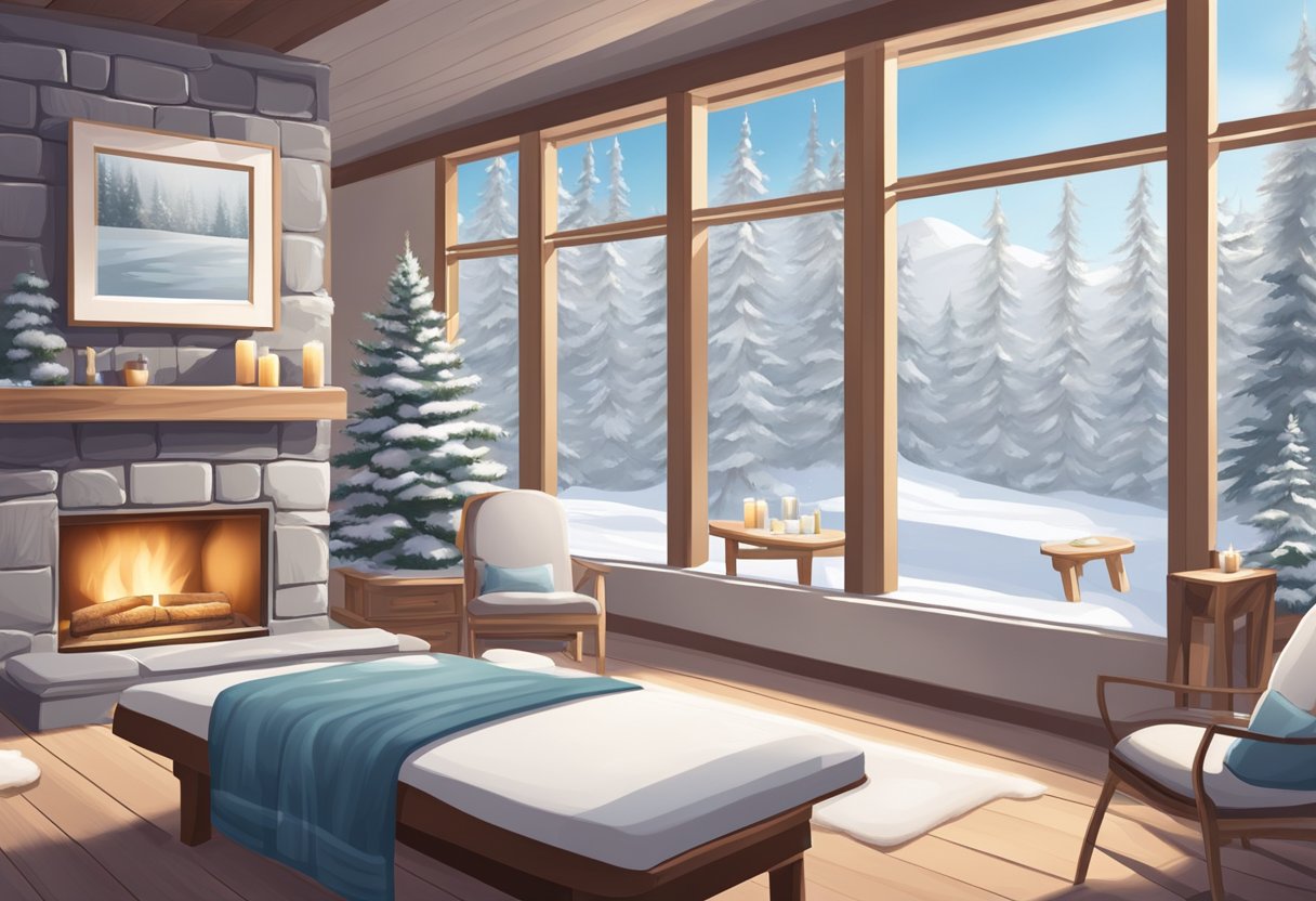 A serene spa room with snow-covered trees outside, a cozy fireplace, and a massage table with soothing winter-themed decor