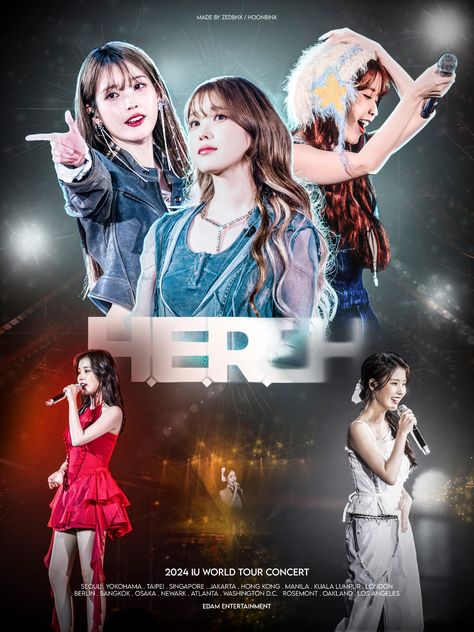 This contains an image of the poster for IU, featuring her in red dresses and one is holding a microphone