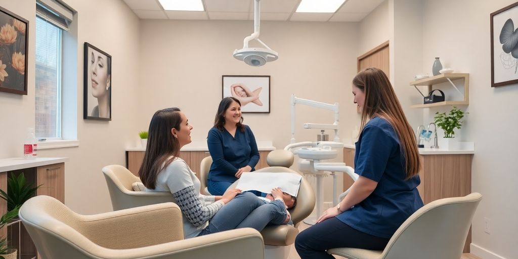 Comfortable dental office with friendly staff and patient interaction.