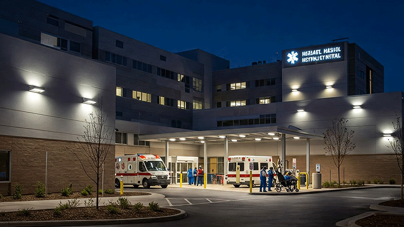 hospital being illuminated at night