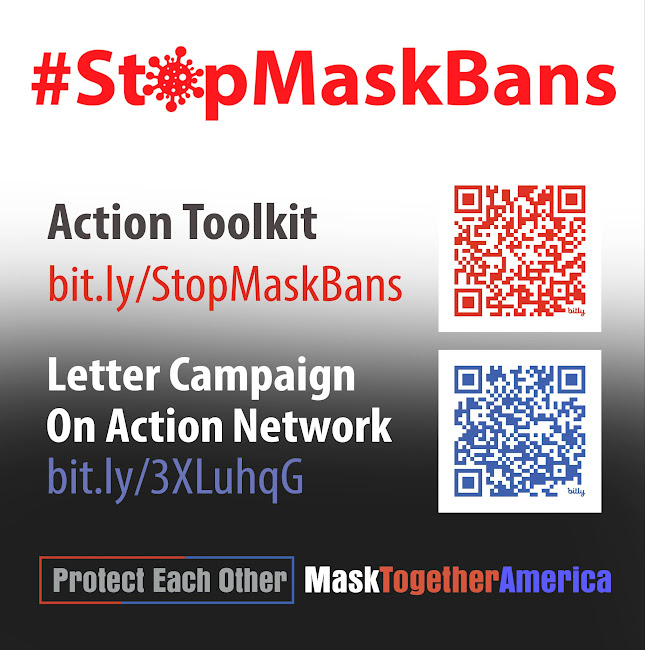 Image of social media graphic: #StopMaskBans Action Toolkit, bit.ly/StopMaskBans, Letter Campaign on Action Network bit.ly/3XLuhqG