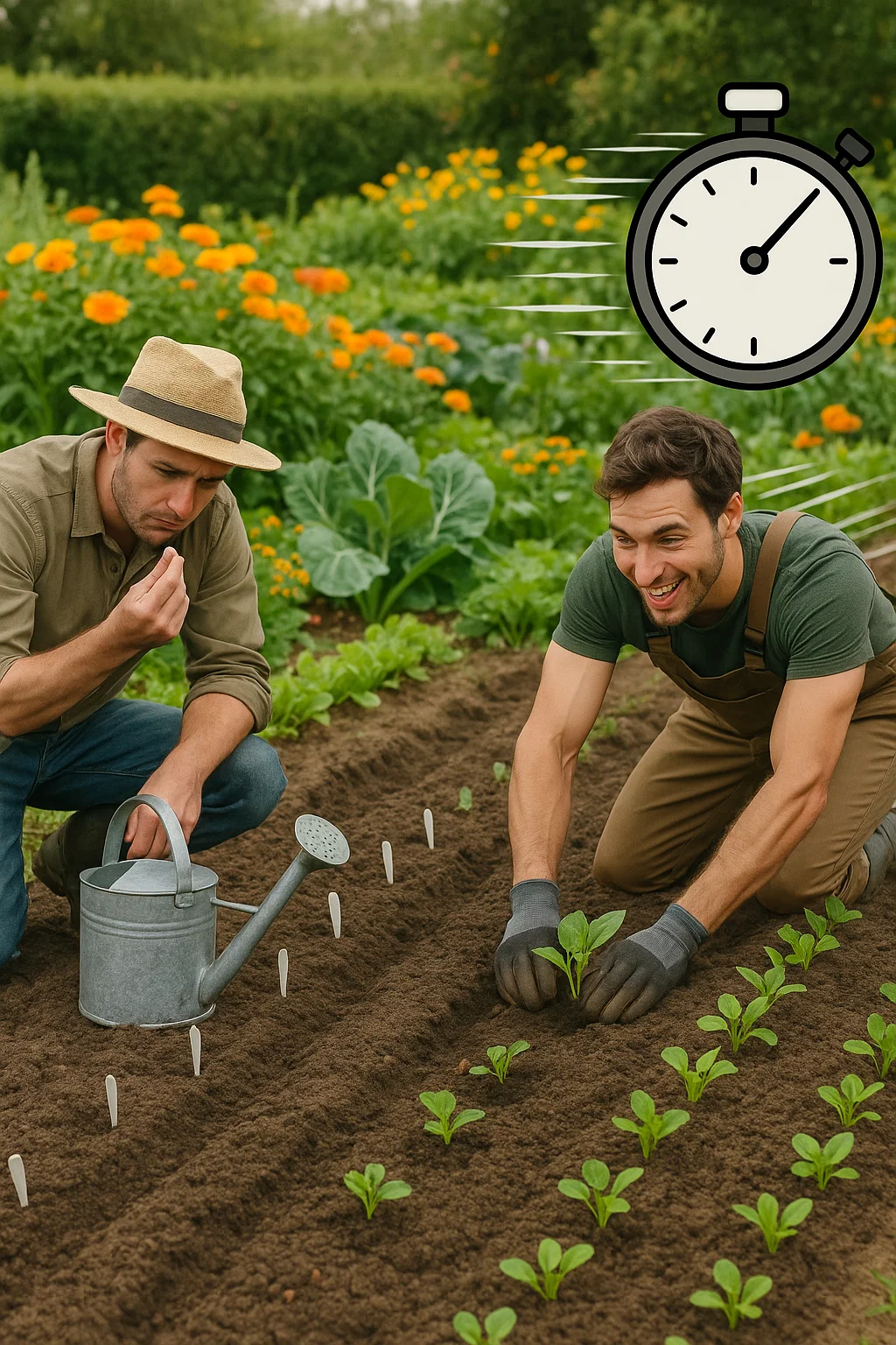 A dynamic garden scene showing a race between two gardeners: One is planting tiny seeds with markers and a watering can nearby, looking thoughtful but slow. The other is planting healthy, ready-to-use seedlings, with visible growth already happening around them — bright flowers or leafy vegetables in the background. A visual stopwatch or speed lines subtly highlight the concept of faster results with seedlings. The overall mood is energetic, focused, and rewarding. Do not generate with cartoons.
