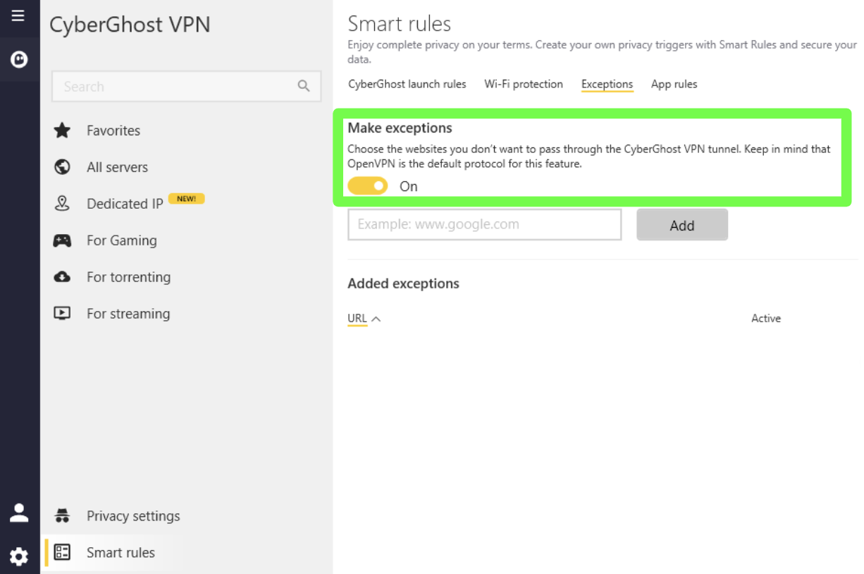 Captura de tela mostrando como fazer exceções no aplicativo CyberGhost VPN para Windows