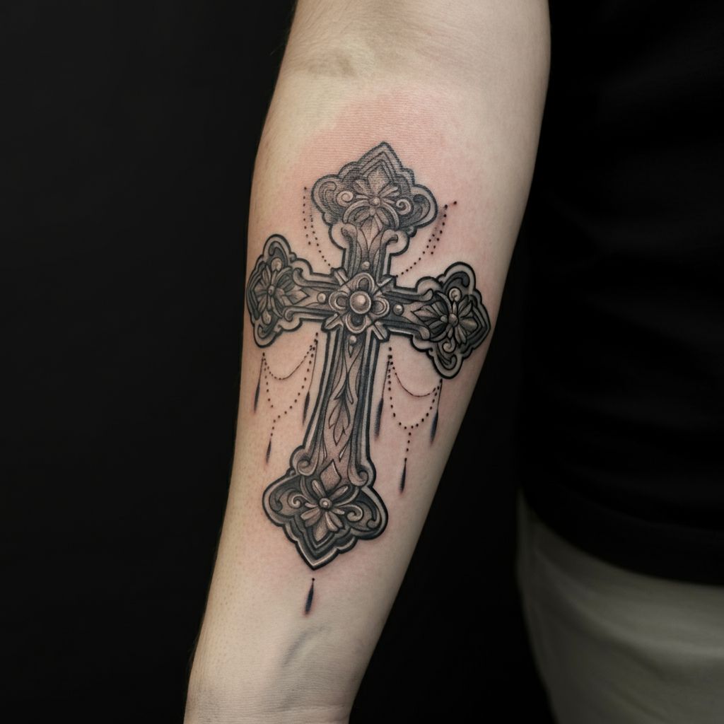 Cross with Flowers Tattoo on forearm