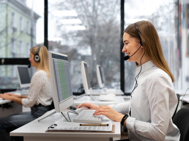 Customer service agent at her desk using a computer with a headset, representing speed in support delivery