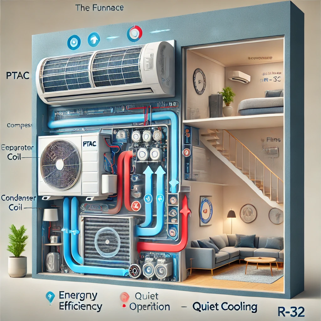 Cutaway illustration of a PTAC showing airflow paths and core components like the compressor and coils, optimized for R-32 refrigerant.