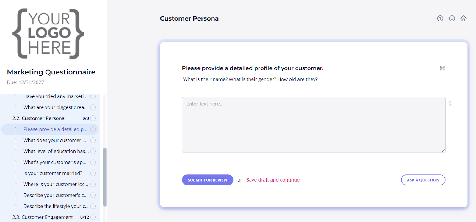 Content Snare marketing client questionnaire