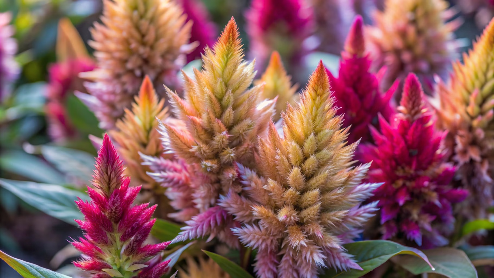 Close-up das flores de Celosia argentea plumosa com formato de plumas