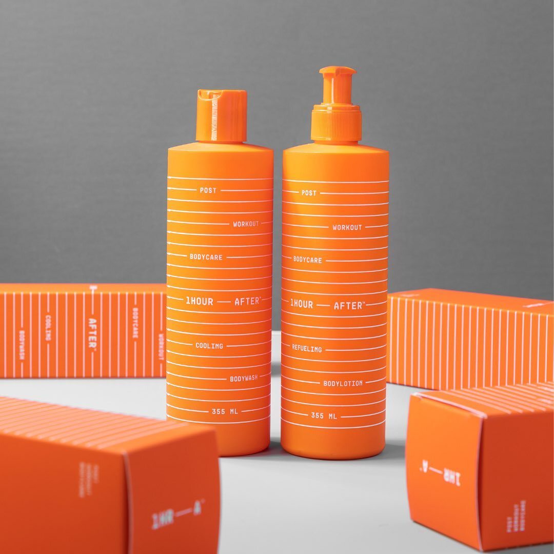 1Hour After Cooling Body Wash and Refueling Body Lotion in bold orange packaging, displayed alongside matching product boxes.