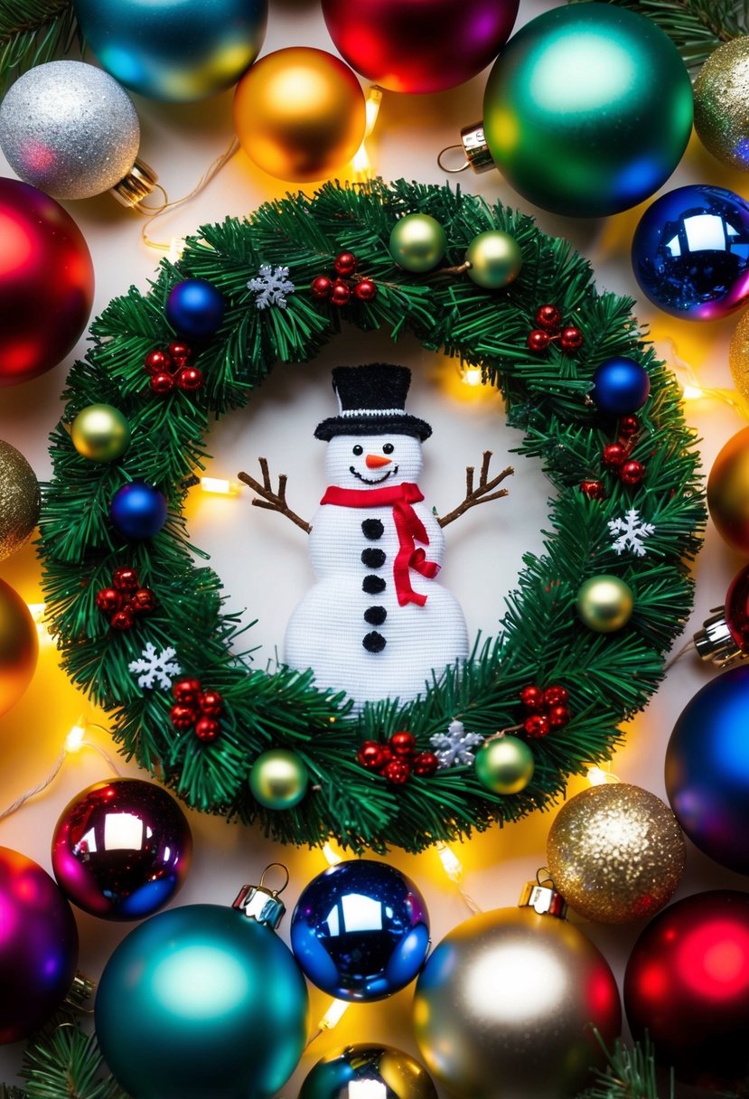 A festive wreath adorned with an embroidered snowman, surrounded by colorful ornaments and twinkling lights