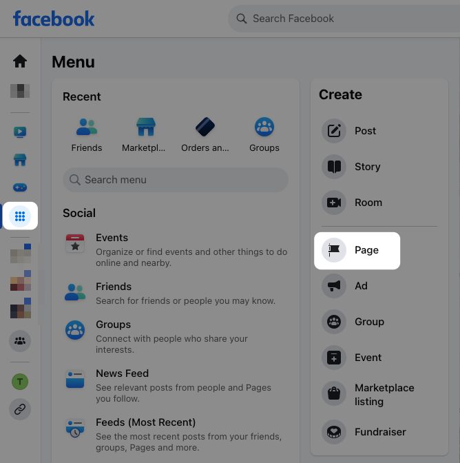 Screenshot of Facebook panel showing where the new Page option is located