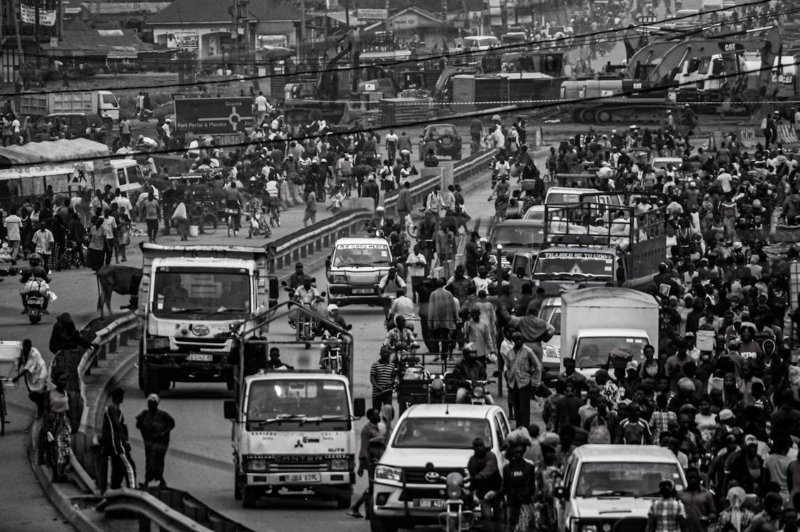 Crowd and cars on road in city