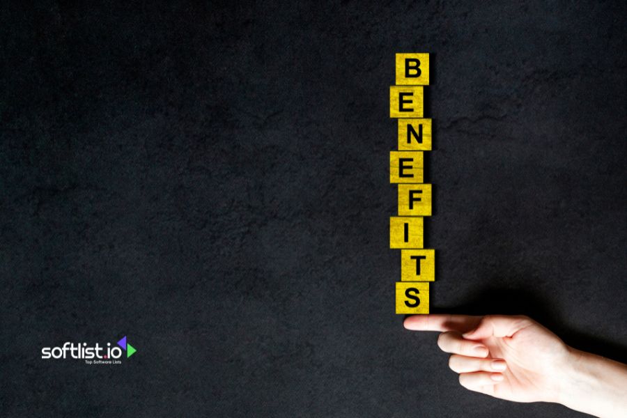 Hand pointing to the word "Benefits" spelled with letter tiles.