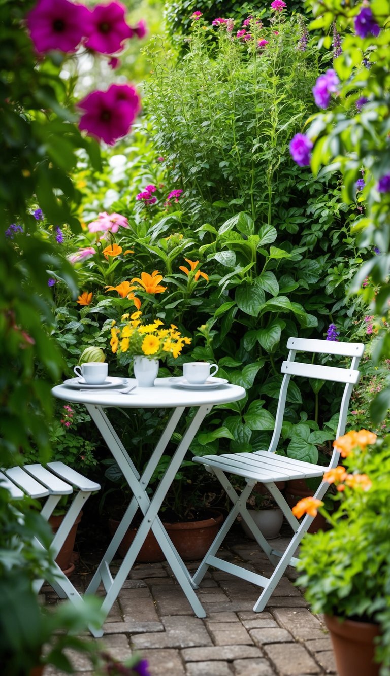 A cozy bistro table set in a lush garden corner, surrounded by vibrant flowers and greenery