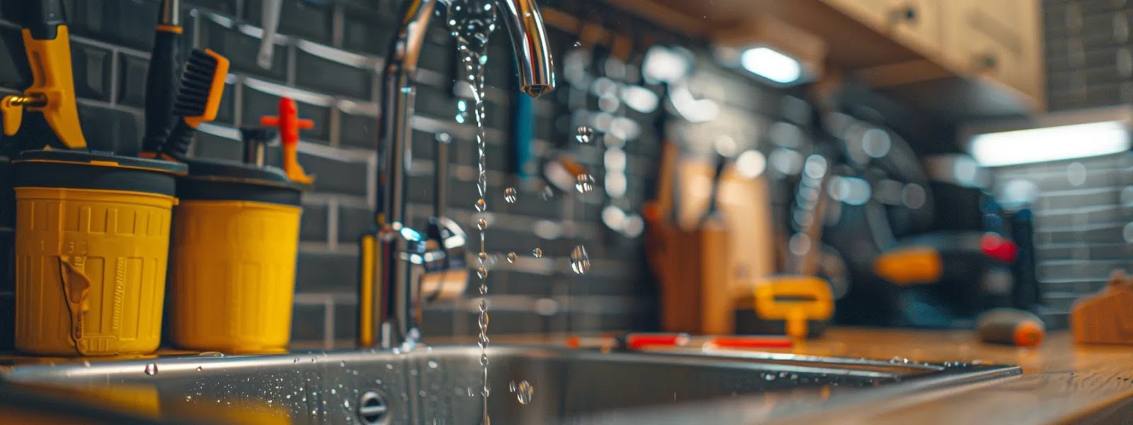 a close-up shot of a shiny faucet with water droplets dripping, surrounded by a neatly arranged set of tools and a focused diy repairer in the background.