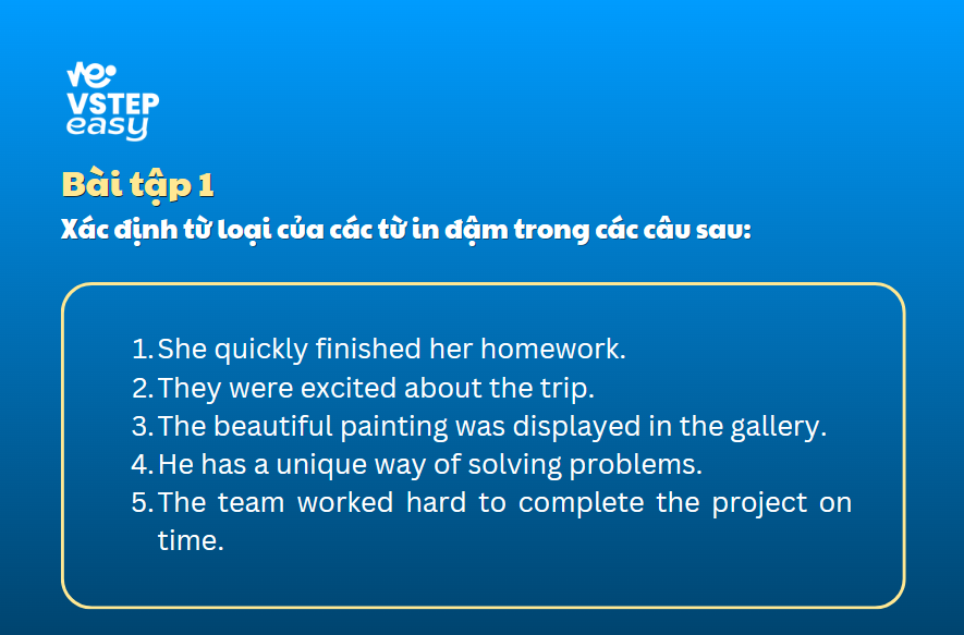Bài tập 1: Xác định từ loại