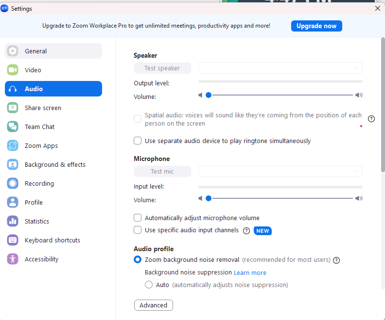 Settings window showing audio options, including speaker and microphone settings with volume controls and noise suppression options.