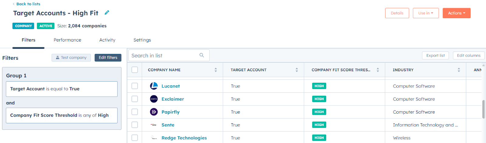 (Target Account List in HubSpot - High Fit Accounts)