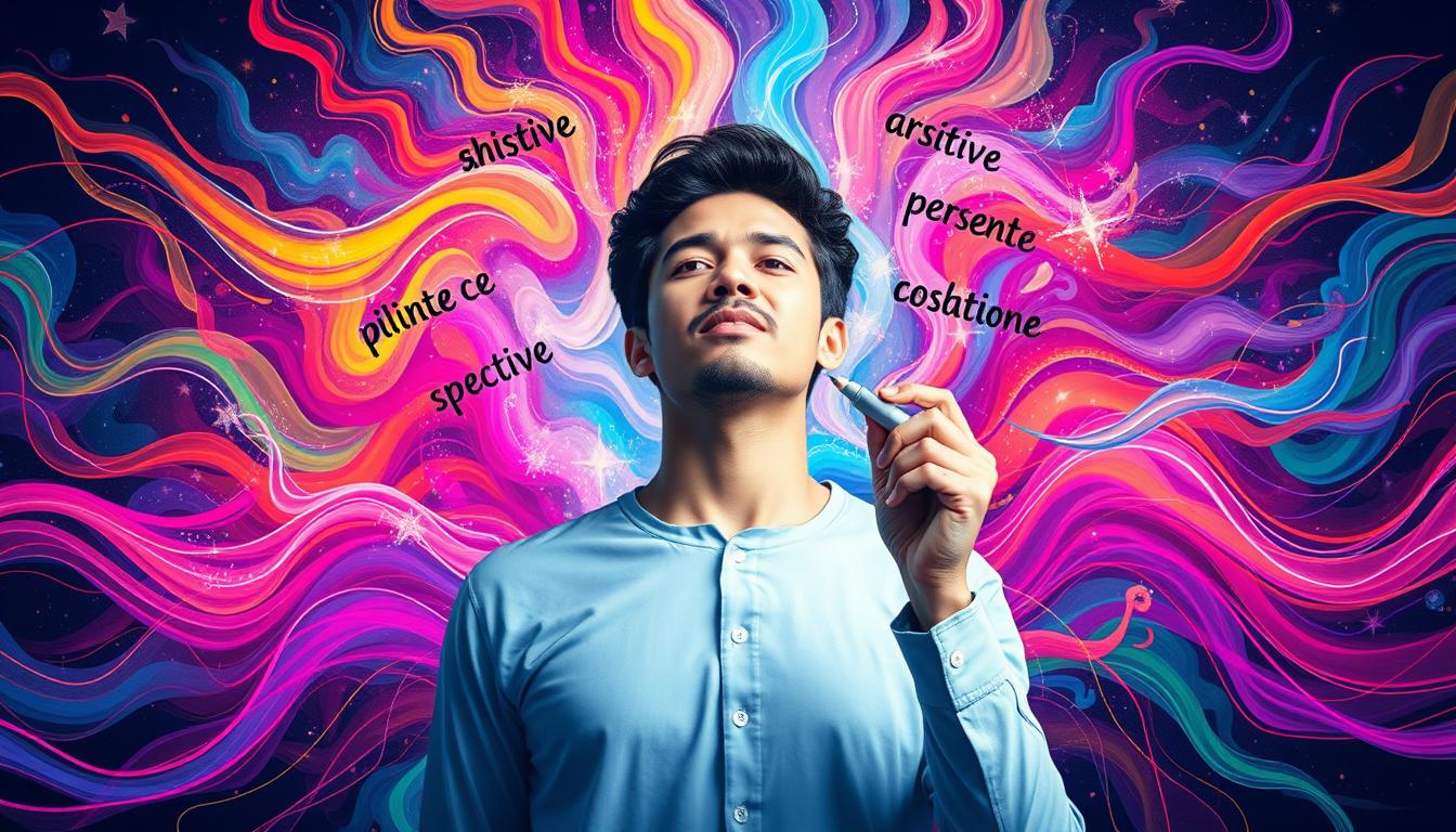 A person surrounded by colorful energy waves, drawing positive affirmations with a marker in the air.