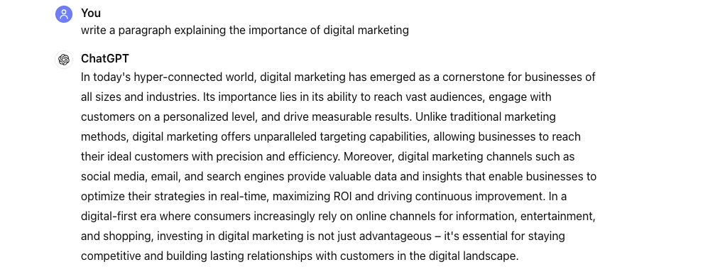 Alt: Chat GPT answering Write a paragraph explaining the importance of digital marketing.