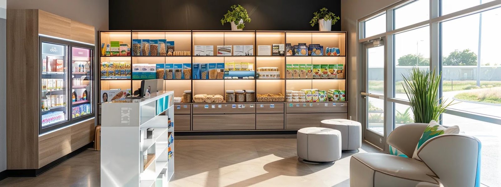 a vibrant and modern veterinary clinic filled with sleek, contemporary displays showcasing premium cat food ingredients, visually emphasizing the critical minerals that promote strong bones and a robust immune system for felines.