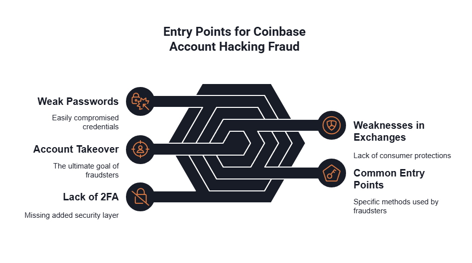 A diagram shows some of the common ways fraudsters hack Coinbase accounts.